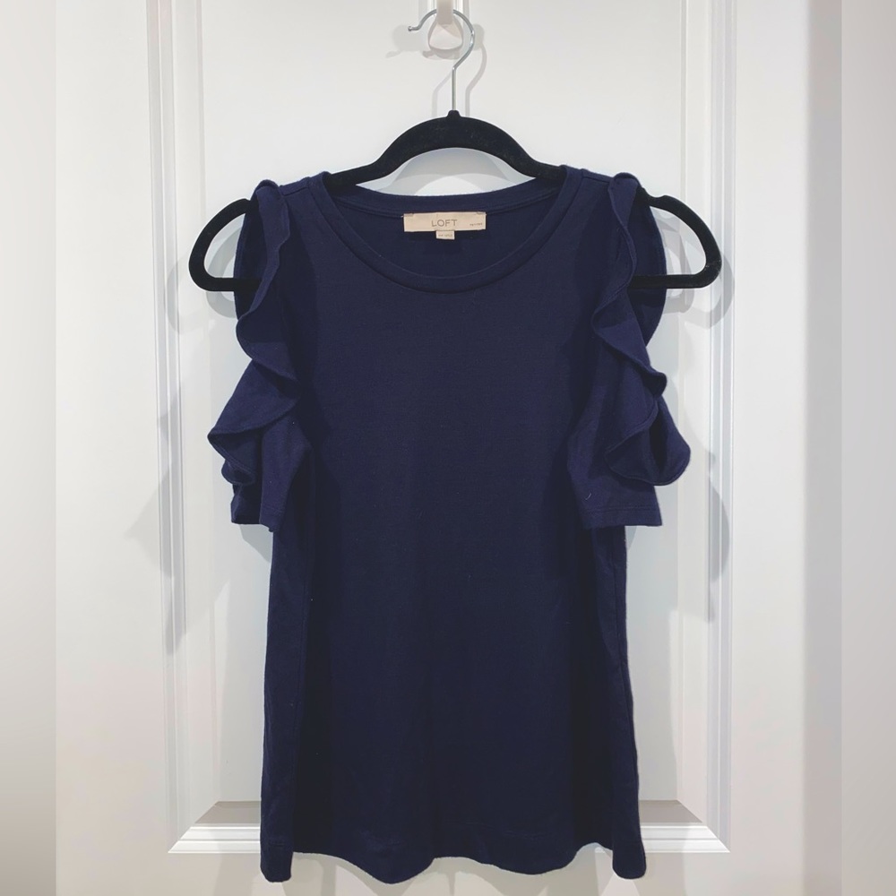 LOFT Navy Cold Shoulder Top XS Petite